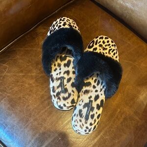 Victoria's Secret Leopard Print Slippers with Black Fur